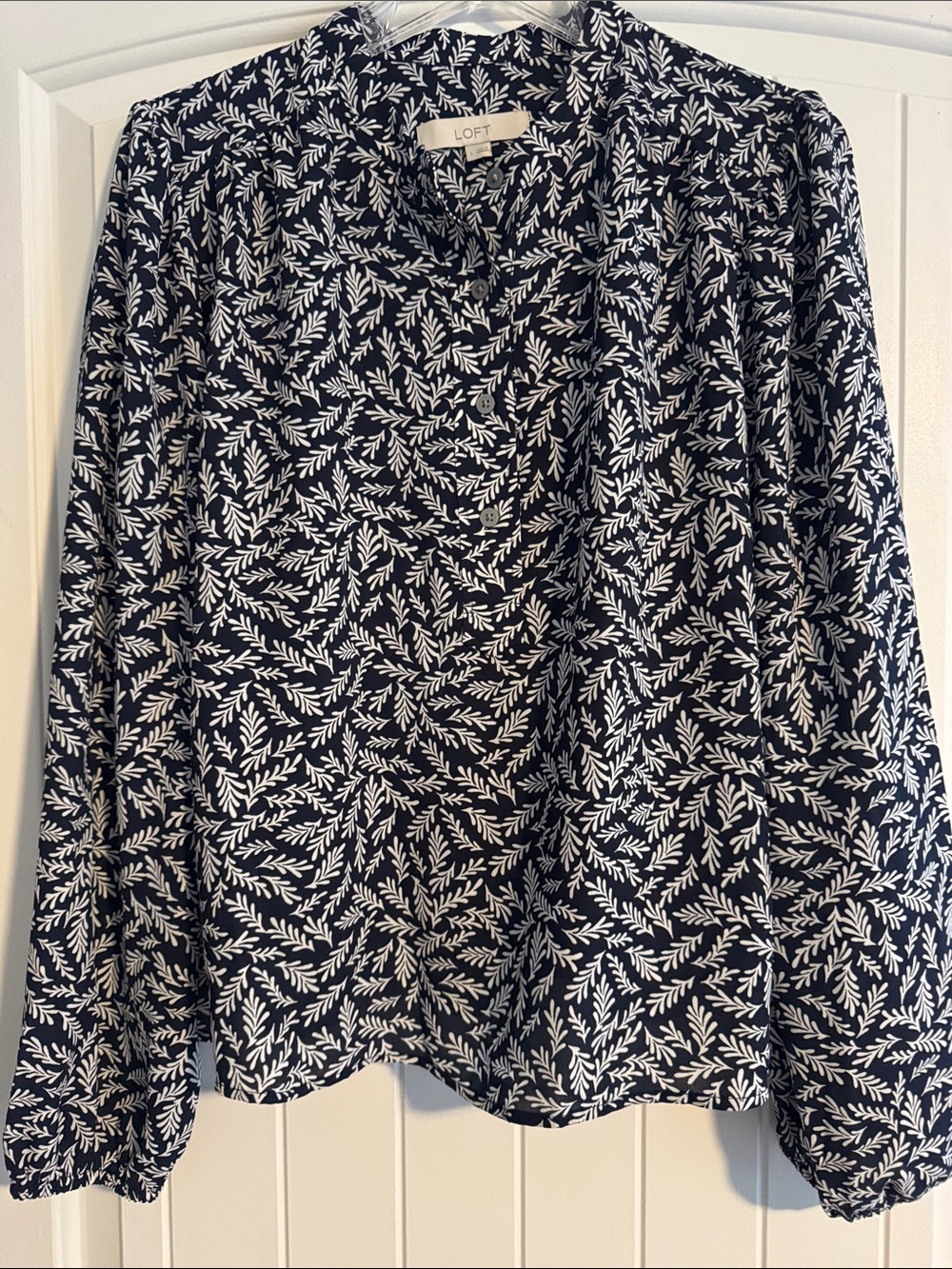 LOFT Navy and White Leaf-Print Blouse